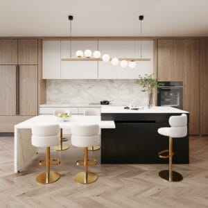 Stylish extendable kitchen island with a marble-pattern top and organized storage space.