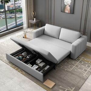 Stylish convertible sofa bed with storage easily transforms into a cozy bed.