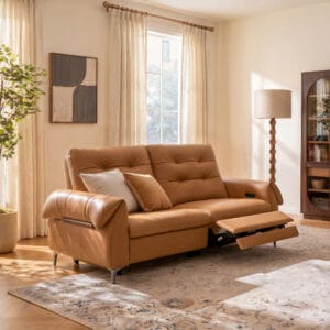 Sophisticated genuine leather power reclining sofa featuring swan-neck arms and tufted design.