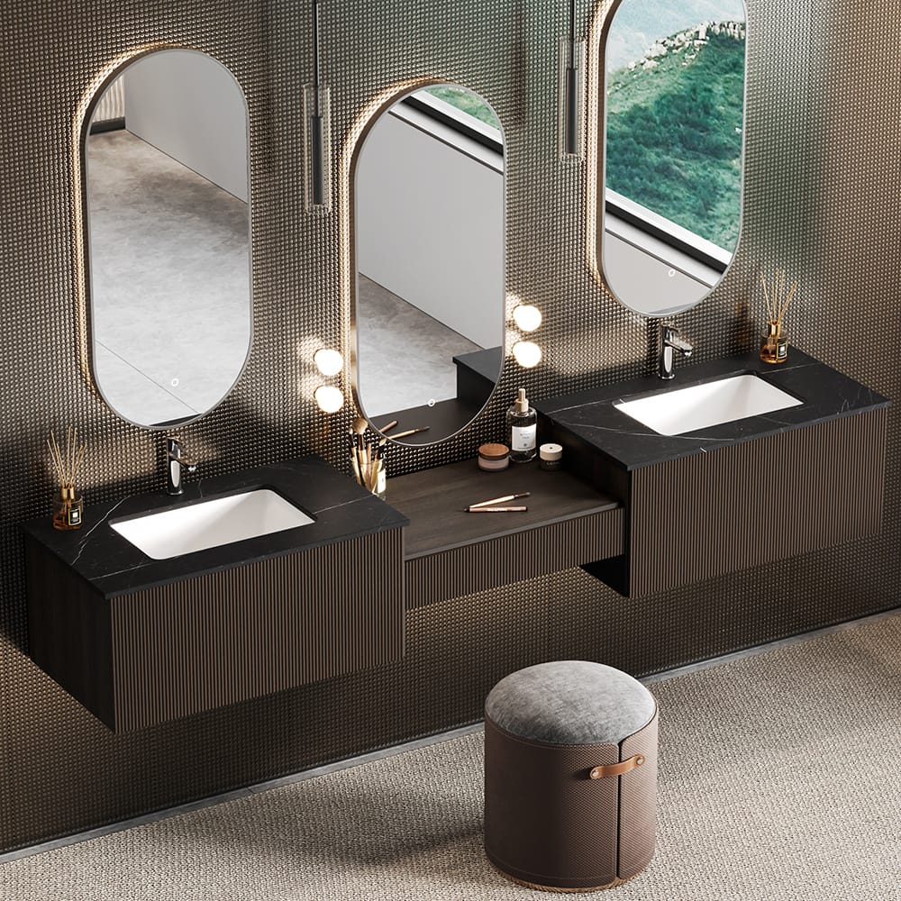Spacious 85" modern floating bathroom vanity featuring dual sinks and a makeup counter.