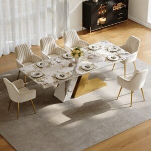 Stylish sintered stone surface on a marble dining table for 10, perfect for gatherings.