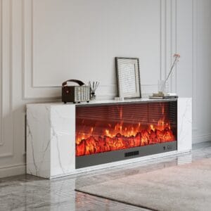 Cozy living room setup featuring a modern electric fireplace TV stand with remote control.