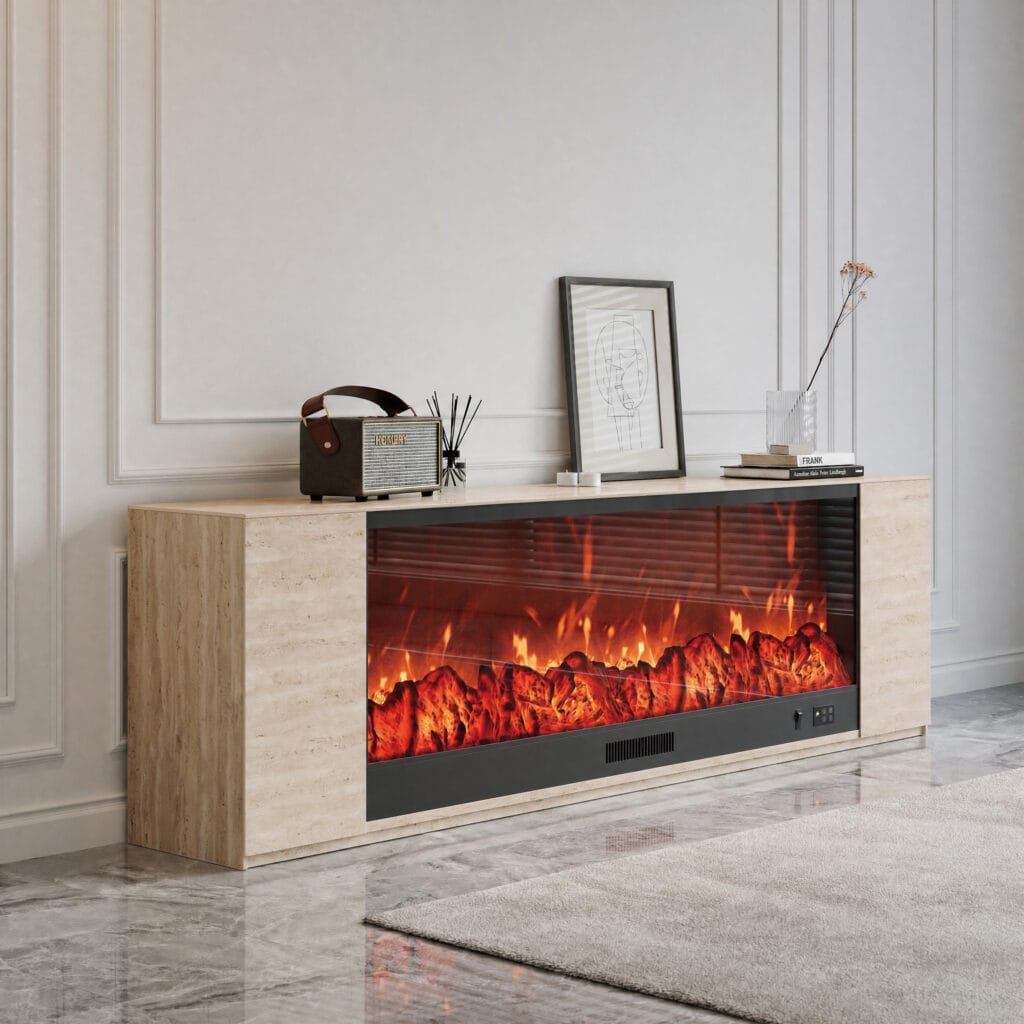 Modern travertine sintered stone electric fireplace TV stand with remote control for cozy living rooms.