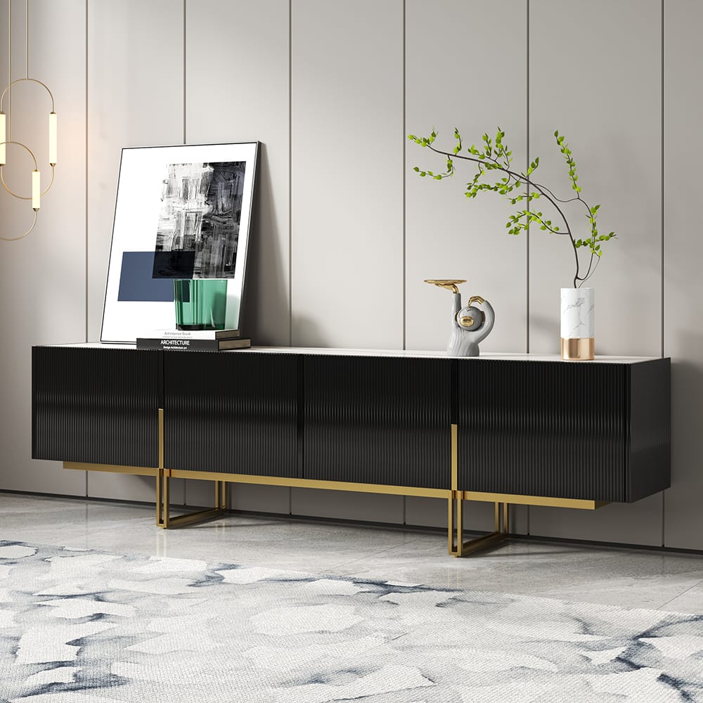 Luxurious Modern Black TV Stand for Your Home 1 Sleek modern black tv stand featuring a fluted design and gold stainless steel legs.