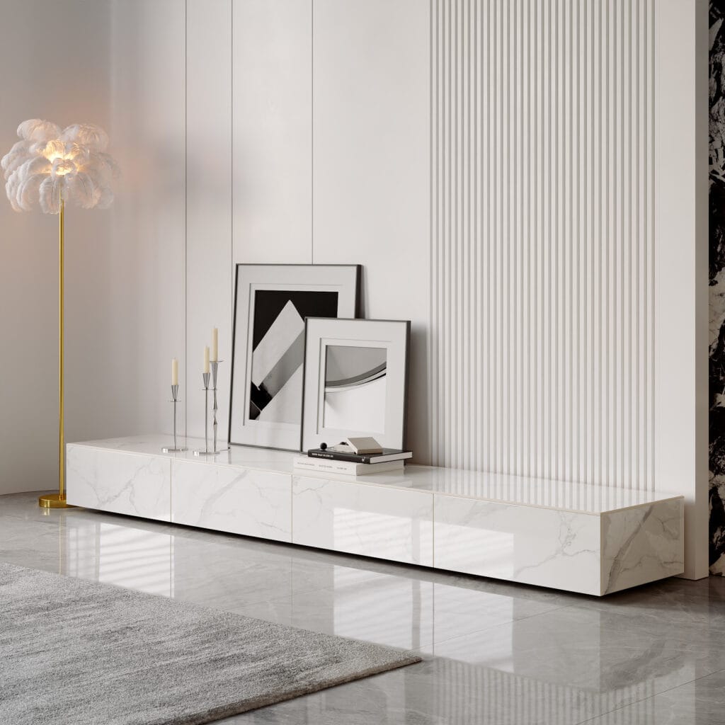 Minimalist sintered stone TV stand with sleek marble veining and four drawers, white tv stand with storage.