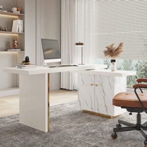 Modern L shape writing desk featuring engineered wood and stainless steel with a side cabinet.