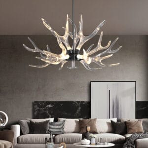 Elegant 9-head transparent acrylic antler chandelier matte black for warm illumination.