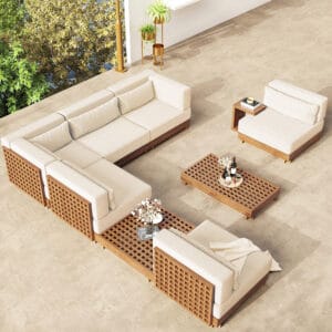 Sleek Grida outdoor teak sectional sofa set made from performance teak wood for comfort.