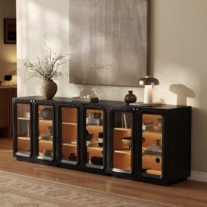 Sophisticated ash veneer storage cabinet serving as a TV stand with storage.