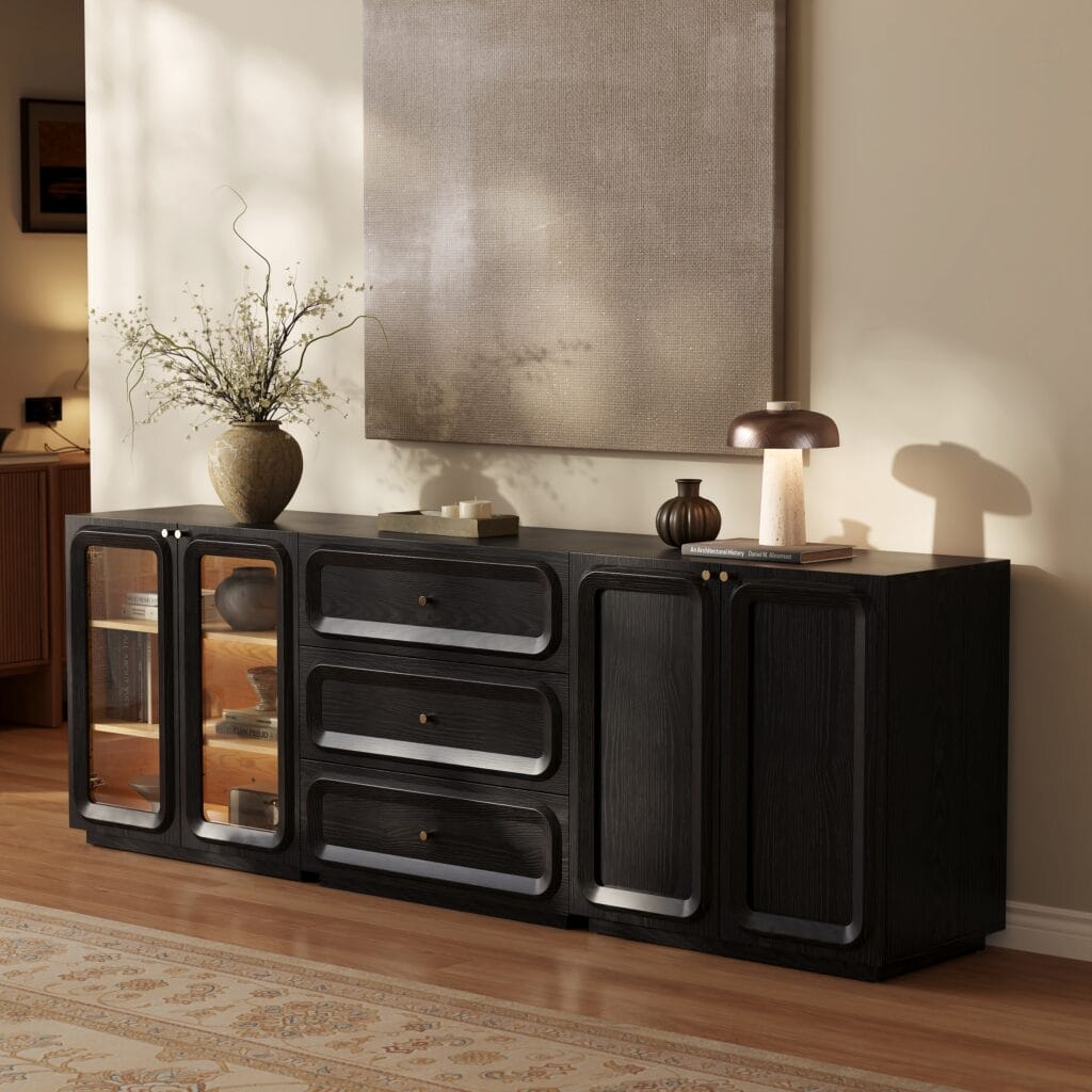 Sophisticated ash veneer storage cabinet serving as a TV stand with storage.
