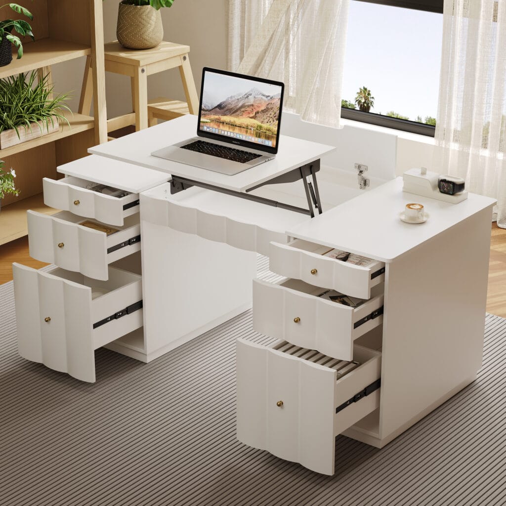 The Sicotas Collection 67 French-style adjustable height desk with drawers featuring manual lift, six drawers, and wireless charging.