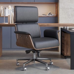 High-back faux leather ergonomic office chair featuring reclining comfort and padded lumbar support.