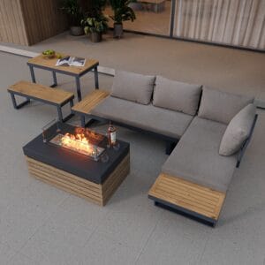 Smokeless propane outdoor sectional sofa fire pit with CSA certification and 50,000 BTU output.