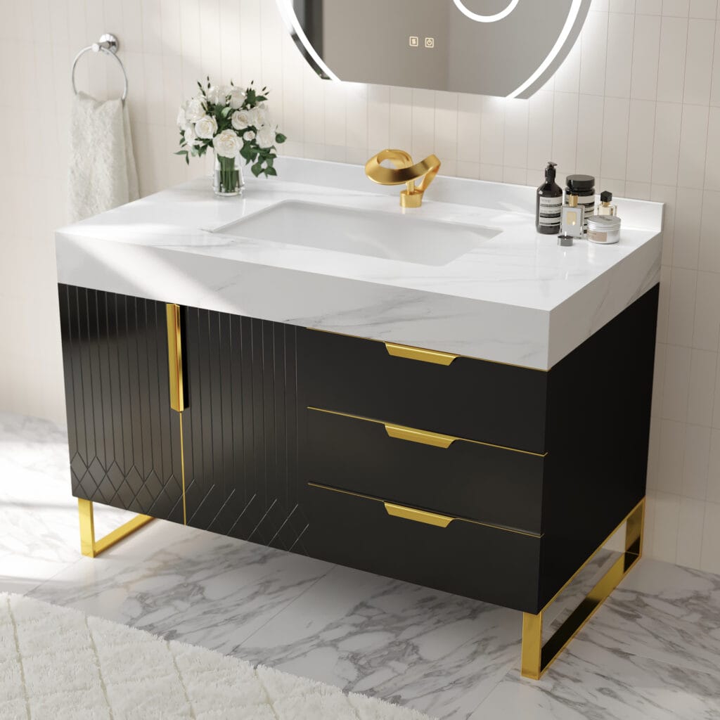The Sicotas Collection 66 Modern Aro 35 inch black bathroom vanity featuring a sintered stone countertop and ceramic sink.