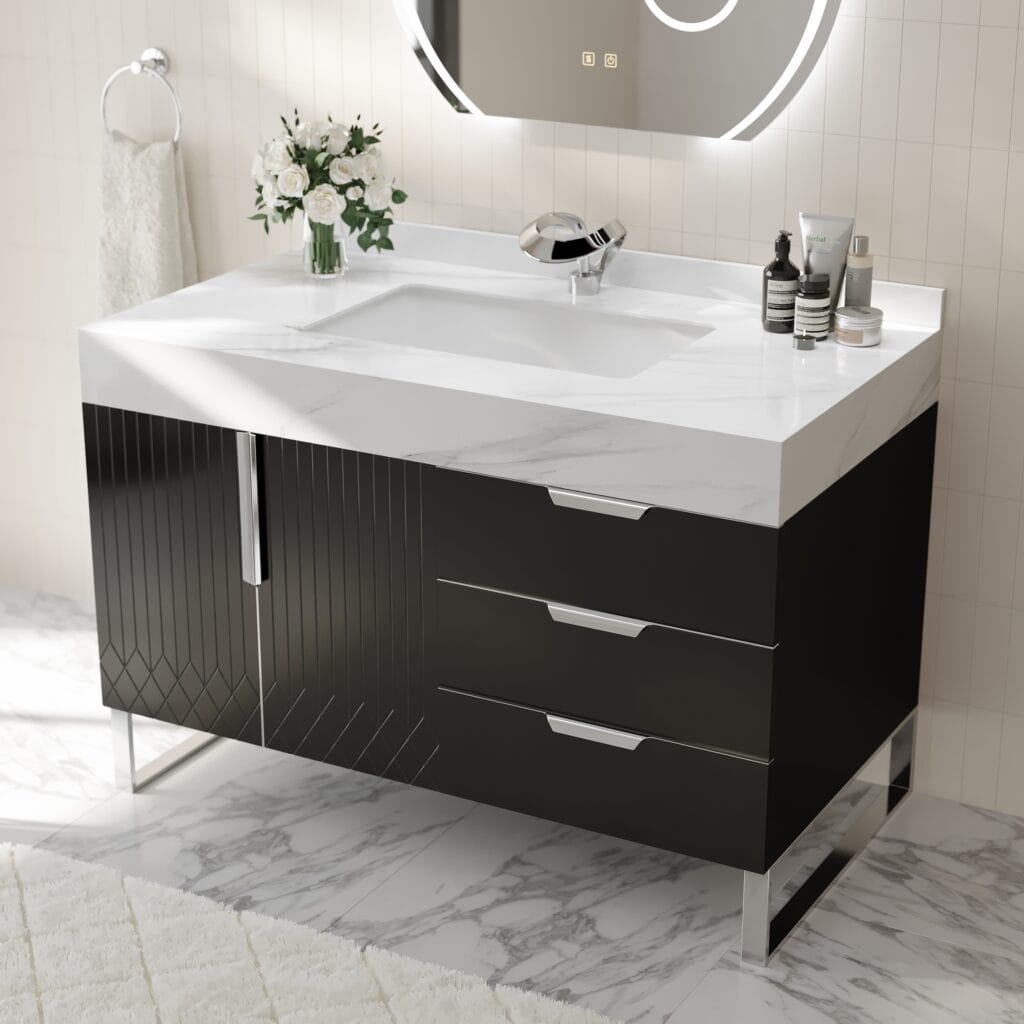 The Sicotas Collection 65 Modern Aro 35 inch black bathroom vanity featuring a durable sintered stone countertop and ceramic sink.