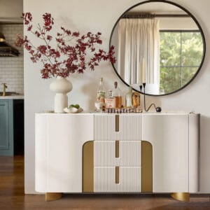 Sophisticated white gold sideboard buffet featuring a Sintered Stone top and curved cabinet doors.