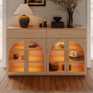 Stylish natural wood sideboard with LED lights, featuring glass-door cabinets for dining organization.