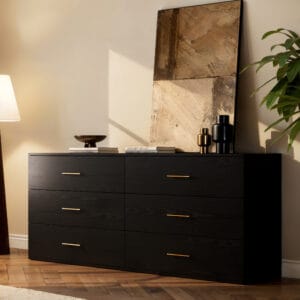 Sleek black TV stand with storage featuring six spacious drawers and warm ash veneer.