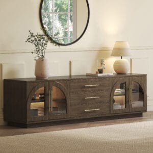 Arune TV Stand with LED features arched glass doors and a warm walnut finish.