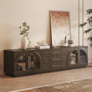 Stylish mid century modern TV stand featuring arched glass doors and warm walnut finish.