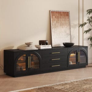 Arune TV Stand featuring mid century modern tv stand design with arched glass doors and LED lighting.