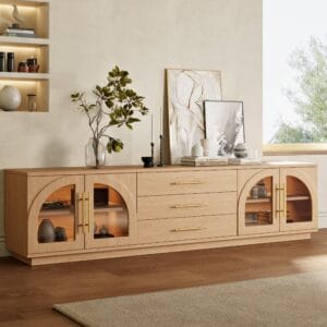 Arune TV Stand showcasing mid century modern tv stand design with arched glass doors and LED lighting.