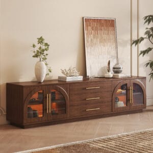 Mid-century walnut tv stand with lights featuring arched glass doors and built-in LED illumination.