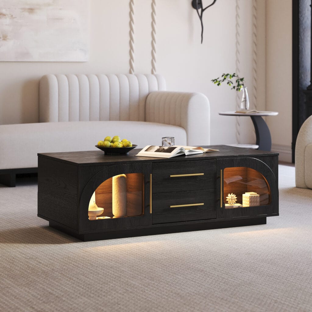 Living Room Furniture 31 Stylish Arched Glass Coffee Table featuring built-in LED lighting and organized drawers.