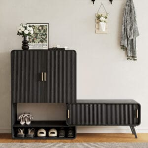 Versatile black shoe storage cabinet that extends and swivels into a bench.