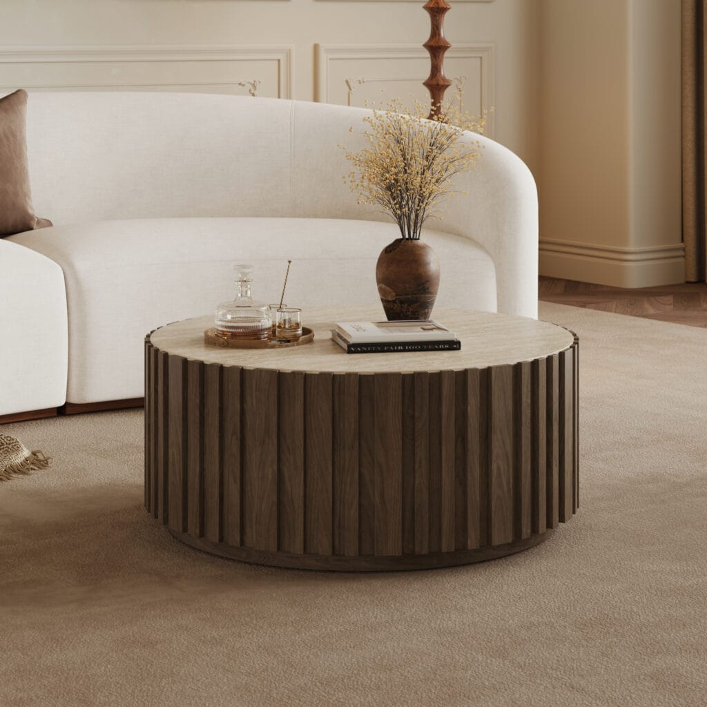 Round coffee table crafted from solid ash wood with hidden drawers and sintered stone top.