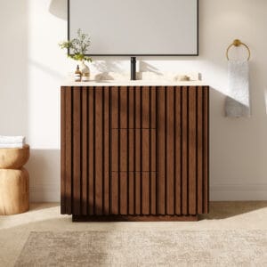 Aura Bathroom Vanity featuring a travertine countertop and soft LED lighting, a stylish bathroom vanity with sink.