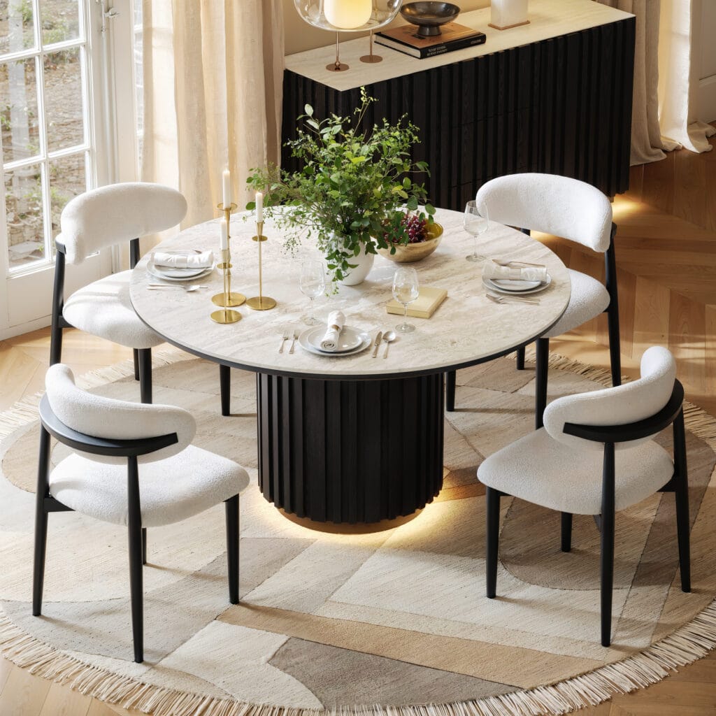 The Sicotas Collection 26 Elegant dining setup featuring the Aura 47 Round Faux Travertine Dining Table, perfect for gatherings.