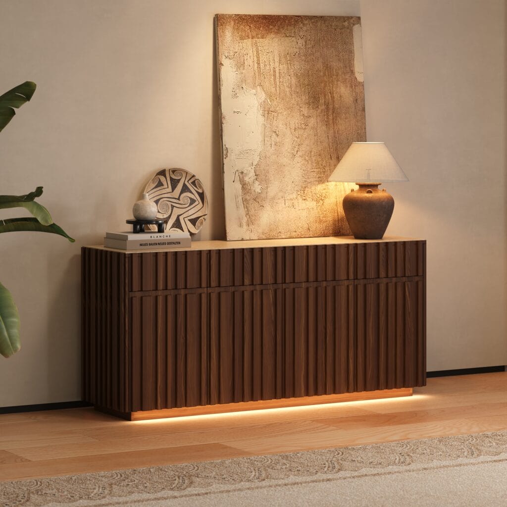 Stylish ash wood tv stand featuring a fluted design and textured sintered stone top.