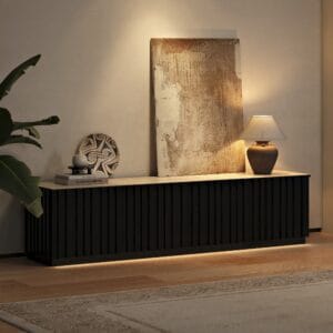 Aura TV Stand featuring fluted ash wood details, embodying a Mid Century Modern TV Stand style.