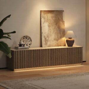 Aura TV Stand featuring mid-century modern tv stand design with ash wood fluted details.
