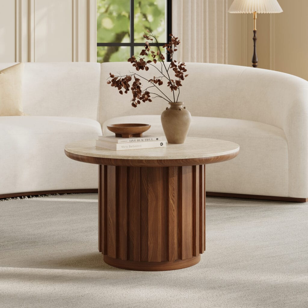Elegant ash wood round coffee table with a durable sintered stone top.
