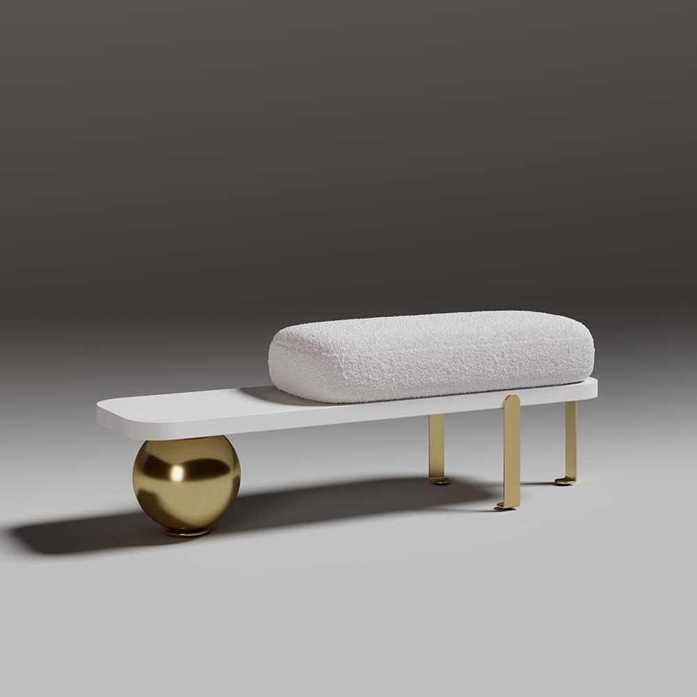 The Sicotas Collection 43 Sculptural entryway bench wood metal featuring soft boucle upholstery and an artistic base.