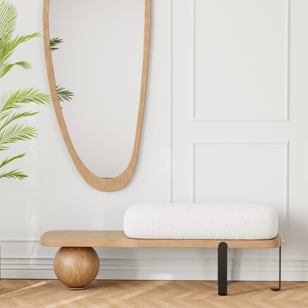 The Sicotas Collection 44 Sculptural entryway bench wooden furniture featuring soft boucle upholstery and a warm wood base.