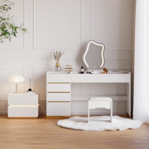 Modern smart LED nightstand and vanity desk set with wireless charging and adjustable ambient lighting.