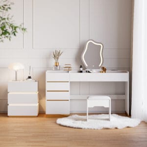 Modern smart LED nightstand featuring a wireless charging station and adjustable ambient lighting ideal for a white makeup vanity set.