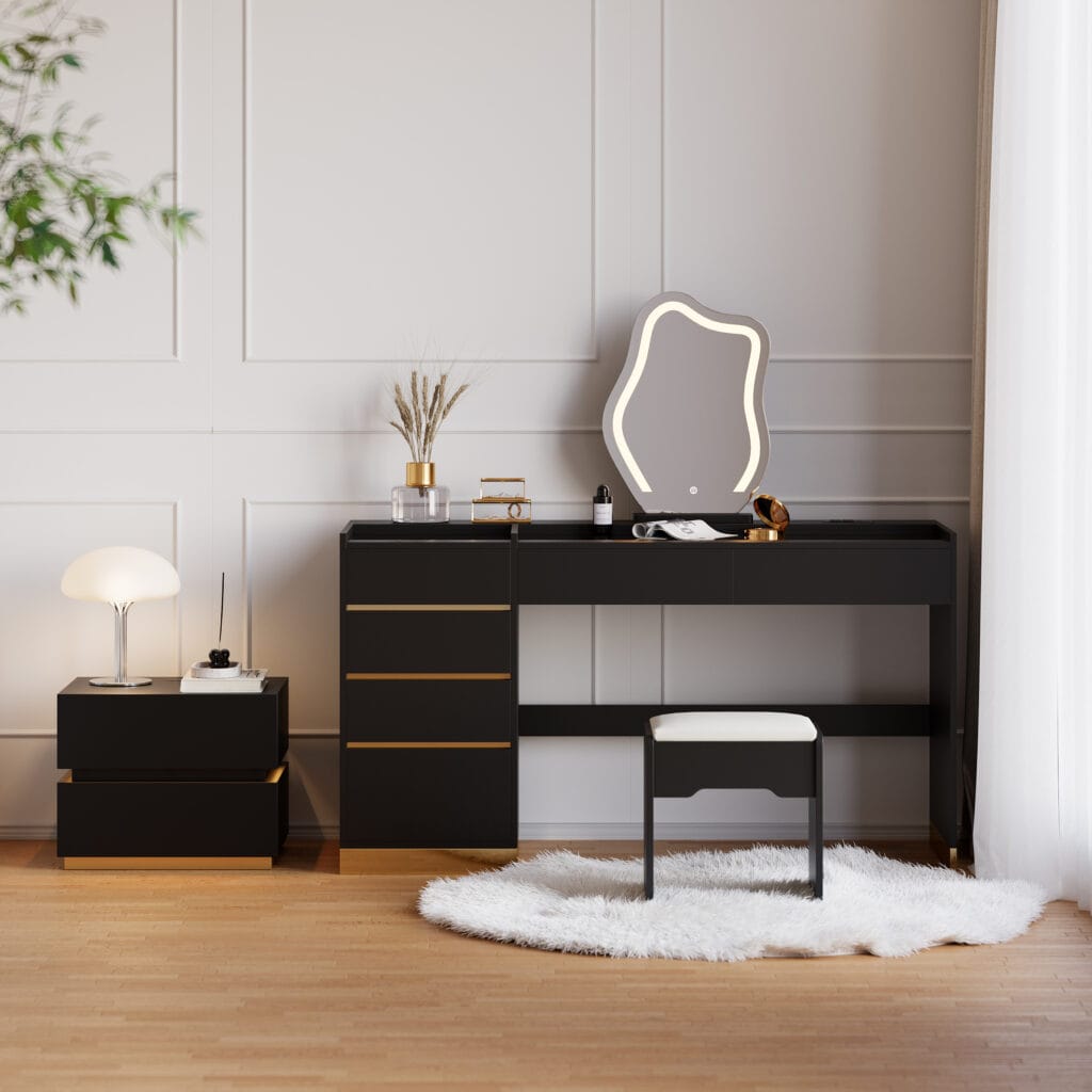 Modern smart LED nightstand featuring a wireless charging station and adjustable ambient lighting, ideal for a Black Makeup Vanity Set.
