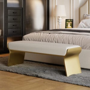 Versatile modern upholstered bench with a gold stainless steel frame and padded foam seat.