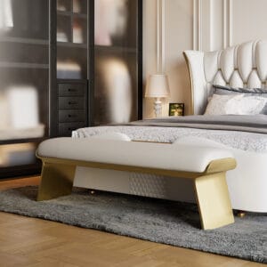 Versatile modern stainless steel bench with a gold frame and padded foam seat.