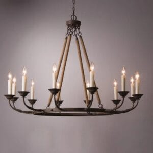 Rust finished vintage candelabra chandelier with hemp rope wrapped stems and floral bobeches.