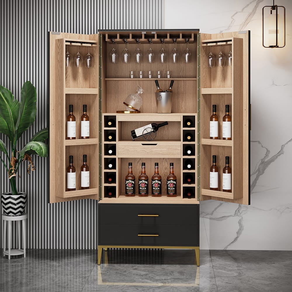 Stylish modern black bar cabinet featuring fluted surface detail and spacious interior storage.