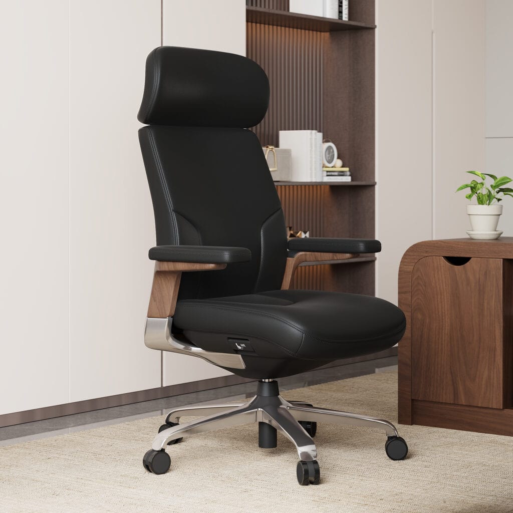 The Sicotas Collection 74 Comfortable ergonomic leather office chair featuring adjustable height, recline, and 3D armrests.
