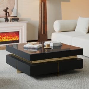 Modern black square coffee table with a tempered glass top and four storage drawers.