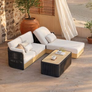 Stylish L-shaped outdoor sectional sofa set featuring artisan handwoven rope and aluminum frame.