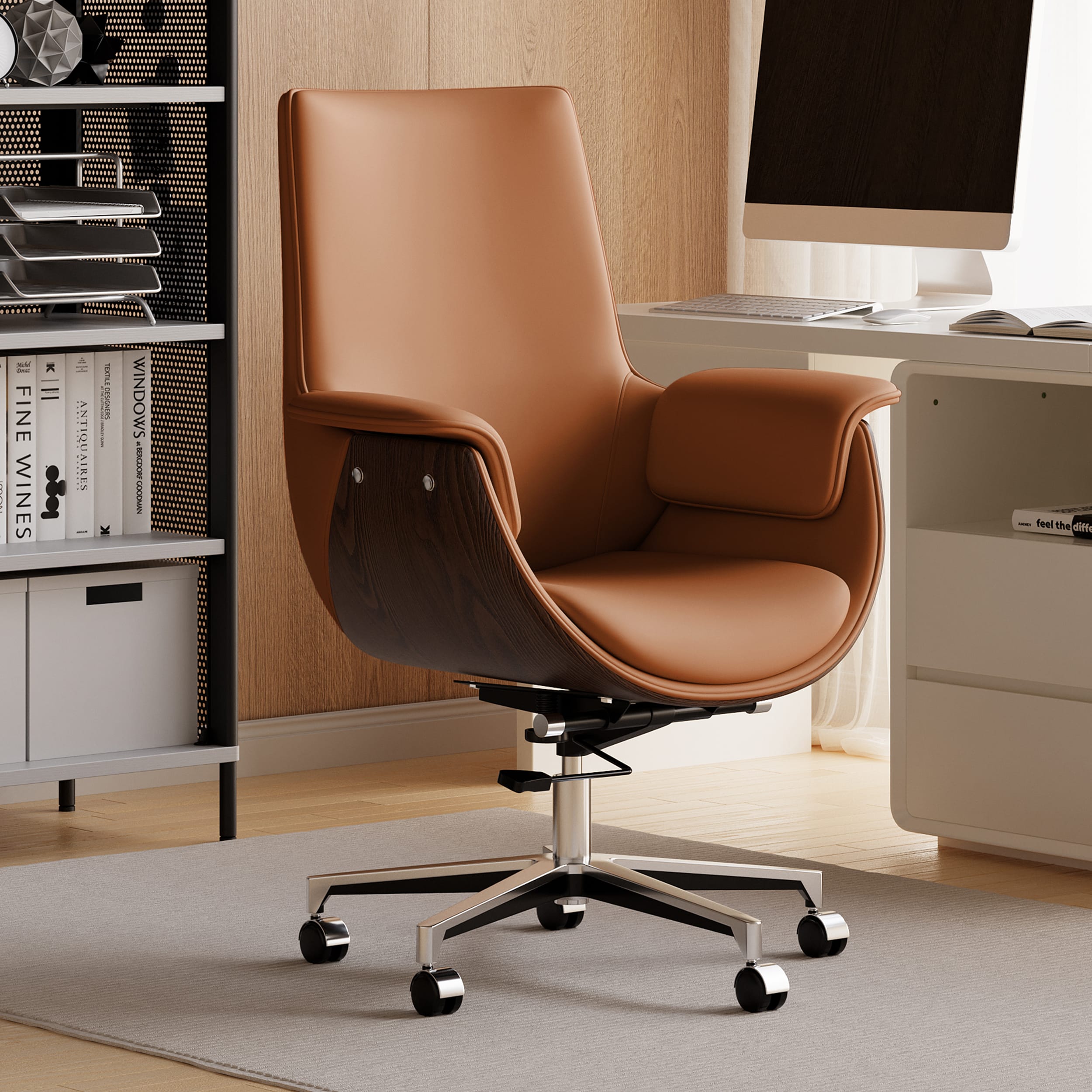 Modern High Back Office Chair Comfortable 1 Stylish modern high back office chair featuring black PU leather and wood-grain accents.