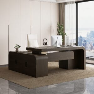 Sculptural L-shaped computer desk designed for organized work in home offices.